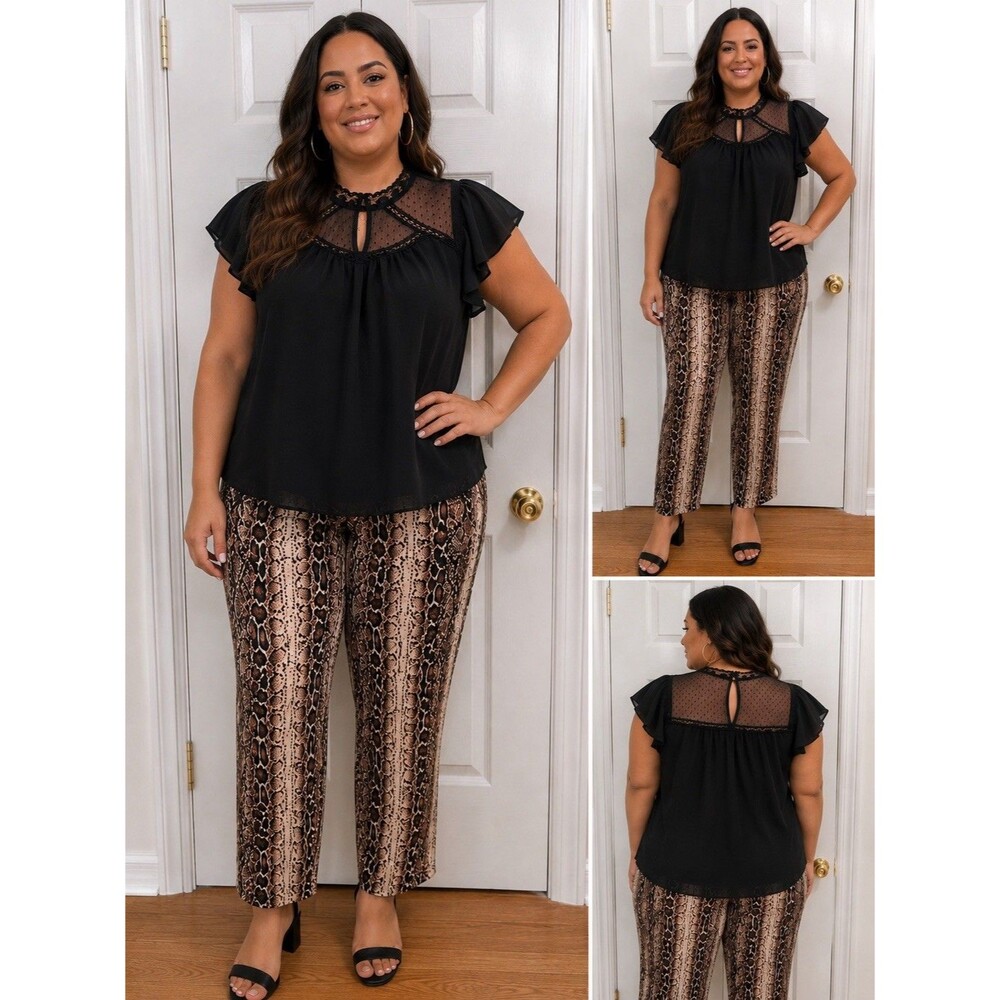 Lot Women’s Black Sheer Lace Blouse & Roma Concept Snake Print Pants L/XL